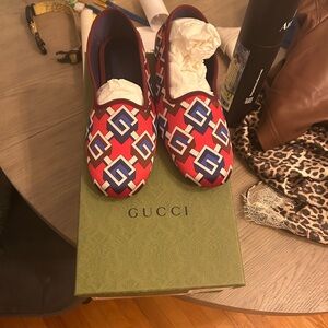 Gucci Red and Blue Geometric Slip-Ons